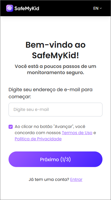 Crie uma conta no SafeMyKid