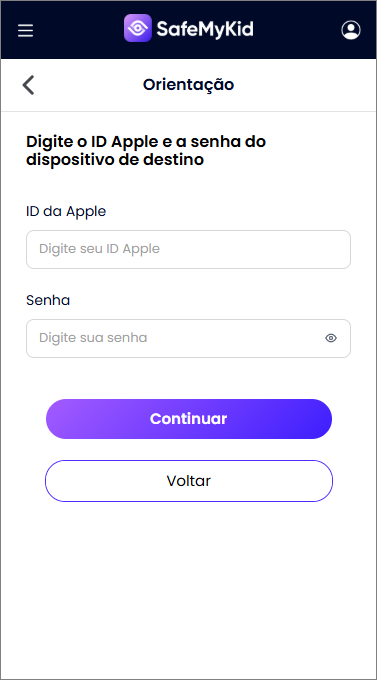Insira as credenciais do iCloud do dispositivo-alvo