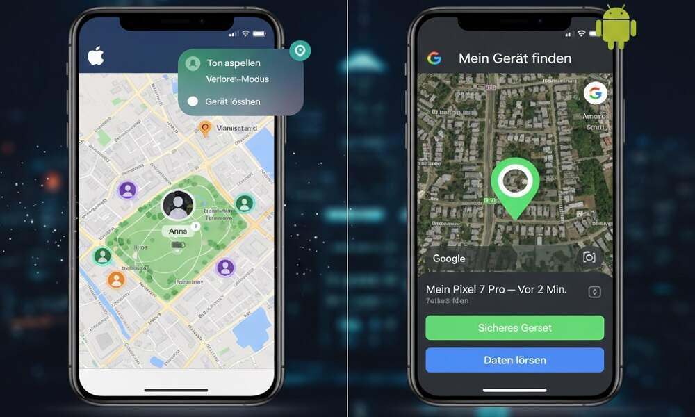 Smartphone-integrierte Dienste wie Find My Device und Find My zum Auffinden des Handys