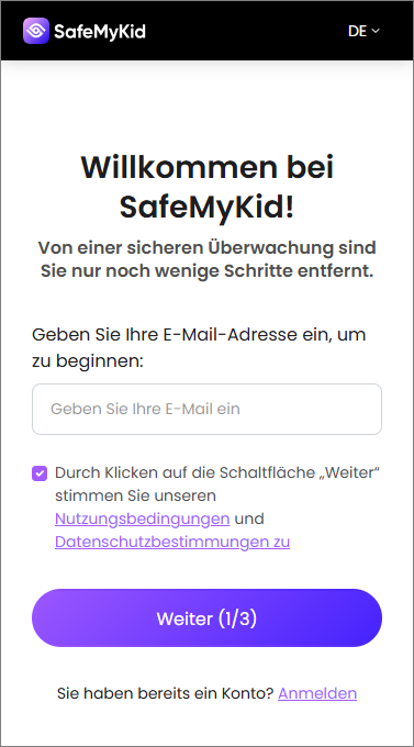 Konto erstellen auf SafeMyKid’s Website