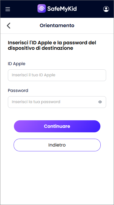 Inserisci le credenziali iCloud del dispositivo target