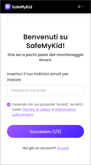 Crea un account SafeMyKid sul sito ufficiale