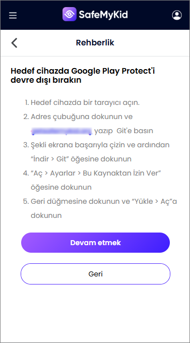 SafeMyKid uygulamasını hedef Android cihaza yükleyin